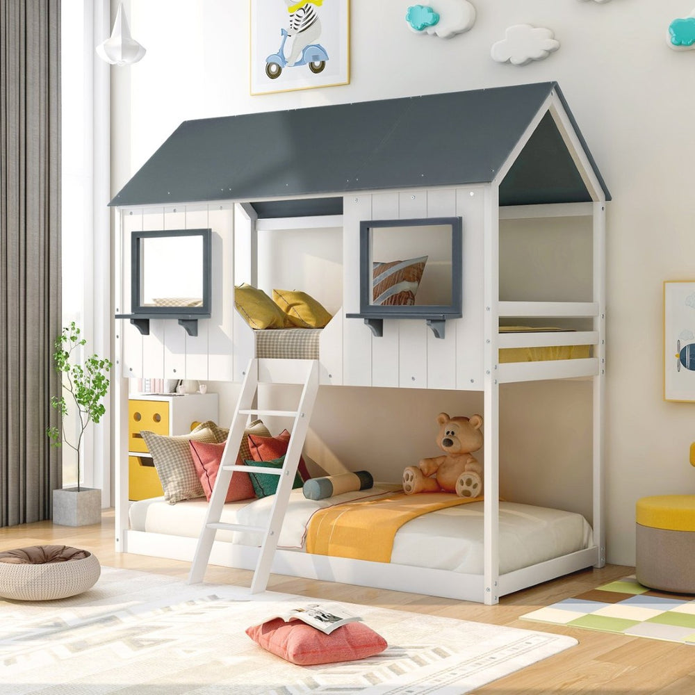 English Elm Twin Over Pine Bunk Bed Playhouse Design with Roof Windows and Guardrails LT000045AAK-1