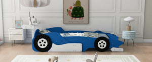 English Elm Twin Race Car Platform Bed for Kids Motorsport Bedroom with Built-in Safety Rails Blue N708P404595C