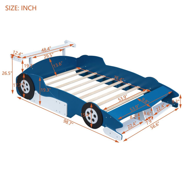 English Elm Full Size Race Car Platform Bed for Kids with Built-in Rails and Sporty Design Blue LP002420AAC-1