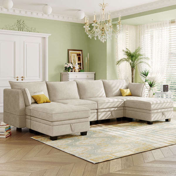 English Elm U_style Six Seat Modular U-shaped Sectional with Hidden Storage and Sleeper Function WY000363AAA