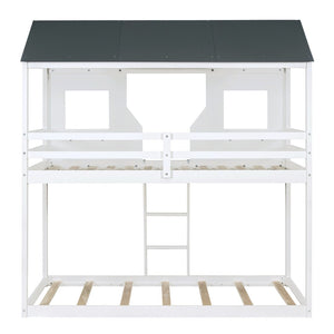 English Elm Twin Over Pine Bunk Bed Playhouse Design with Roof Windows and Guardrails LT000045AAK-1