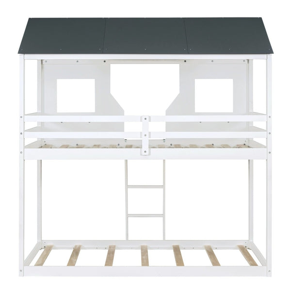 English Elm Twin Over Pine Bunk Bed Playhouse Design with Roof Windows and Guardrails LT000045AAK-1