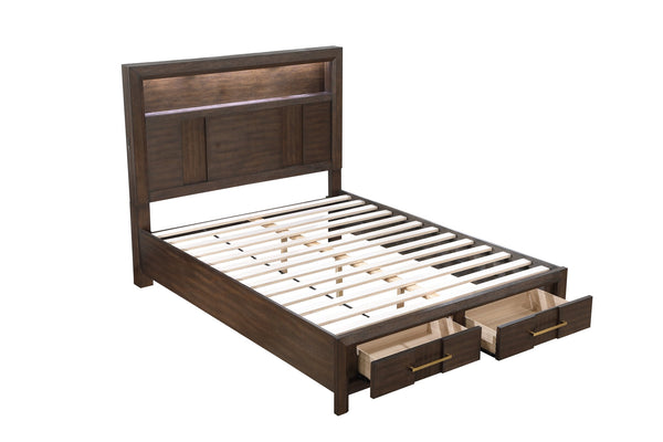 English Elm KENZO Queen 4PC Bedroom Set with LED Headboard, Bluetooth Speakers, USB Ports & Extra Storage - Walnut B009S02021