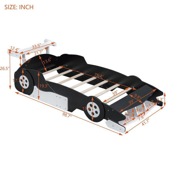 English Elm Twin Race Car Platform Bed for Kids Motorsport Bedroom with Built-in Safety Rails Black N708P404595B