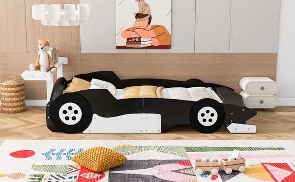 English Elm Full Size Race Car Platform Bed for Kids with Built-in Rails and Sporty Design Black LP002420AAB