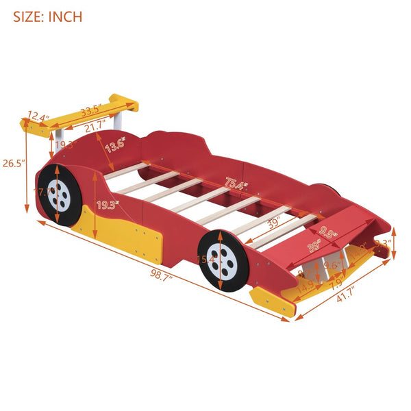 English Elm Twin Race Car Platform Bed for Kids Motorsport Bedroom with Built-in Safety Rails Red N708P404595J