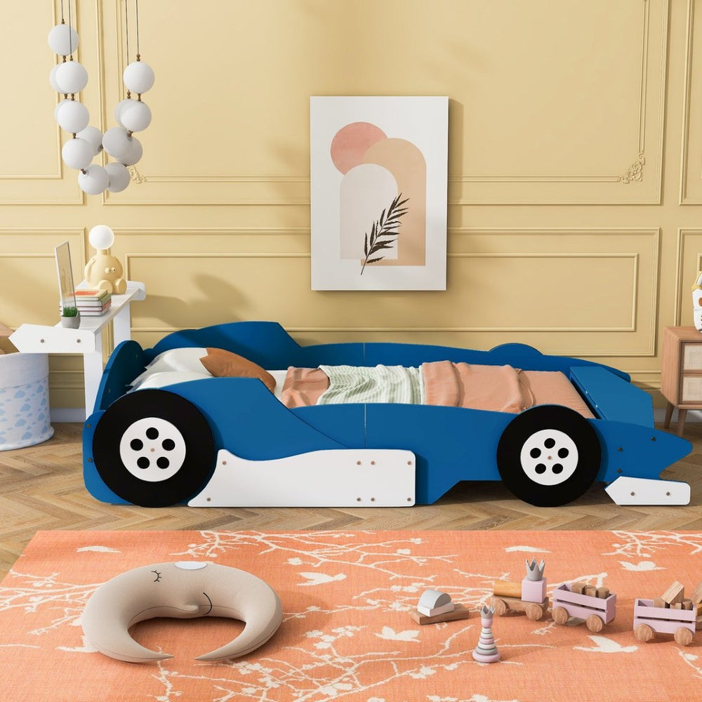 English Elm Full Size Race Car Platform Bed for Kids with Built-in Rails and Sporty Design Blue LP002420AAC-1