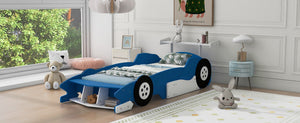 English Elm Twin Race Car Platform Bed for Kids Motorsport Bedroom with Built-in Safety Rails Blue N708P404595C