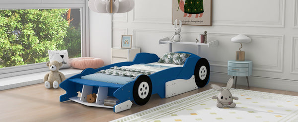English Elm Twin Race Car Platform Bed for Kids Motorsport Bedroom with Built-in Safety Rails Blue N708P404595C