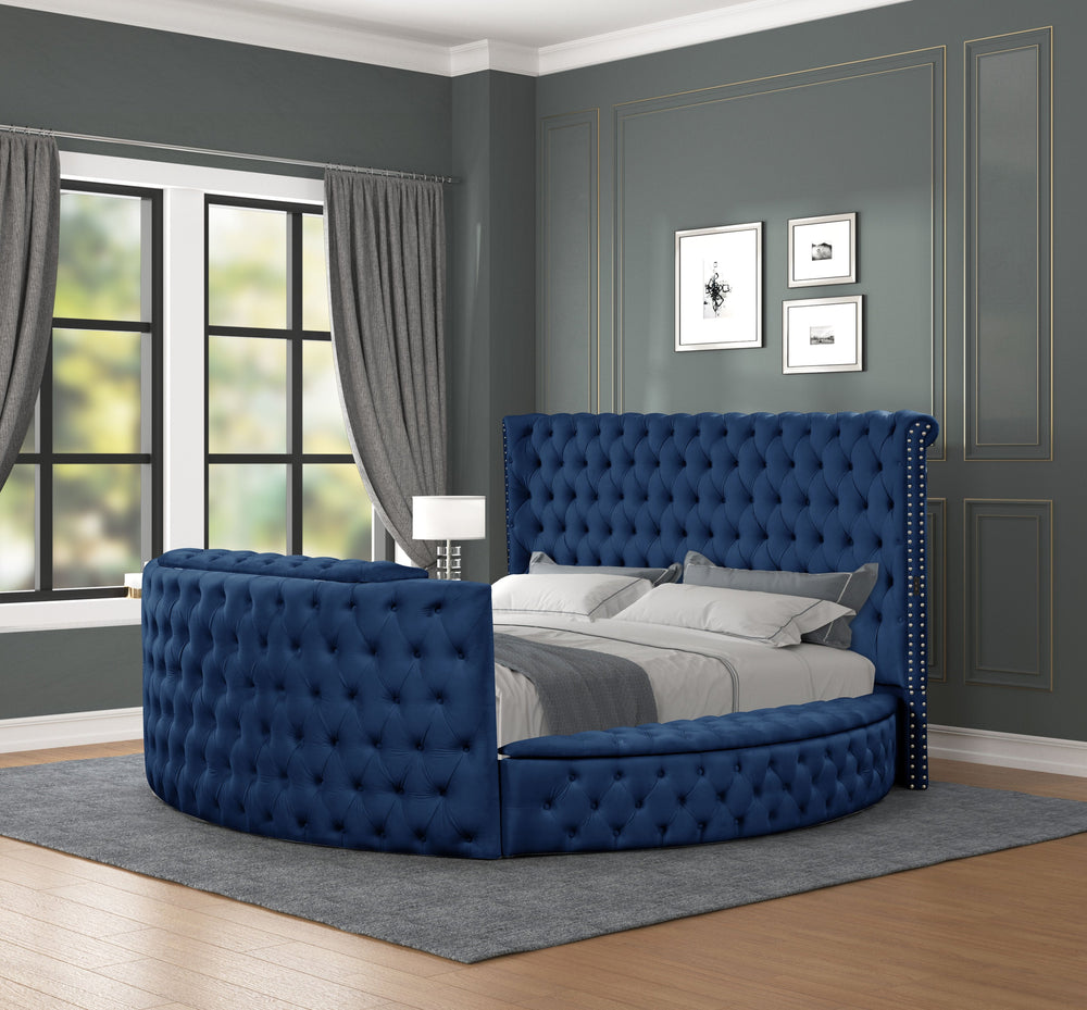 English Elm Modern Crystal Tufted Queen Bed In Elegant Blue Velvet With Storage, Usb Chargers & Tv Stand Feature B009S01117
