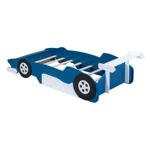 English Elm Twin Race Car Platform Bed for Kids Motorsport Bedroom with Built-in Safety Rails Blue N708P404595C