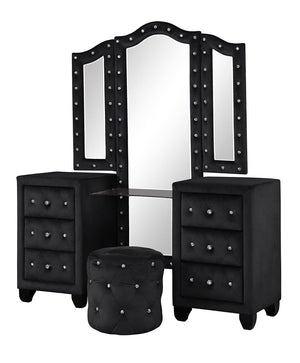 English Elm Crystal Tufted Queen 4-Pc Vanity Bedroom Set With Usb Charging & Tv Stand Footboard In Black B009S01132