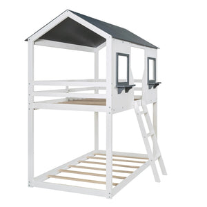 English Elm Twin Over Pine Bunk Bed Playhouse Design with Roof Windows and Guardrails LT000045AAK-1