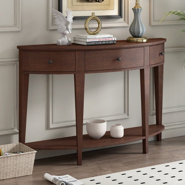 English Elm U-style Curved Console Table with 3 Drawers Open Shelf Entryway Hallway Storage WF312995AAD