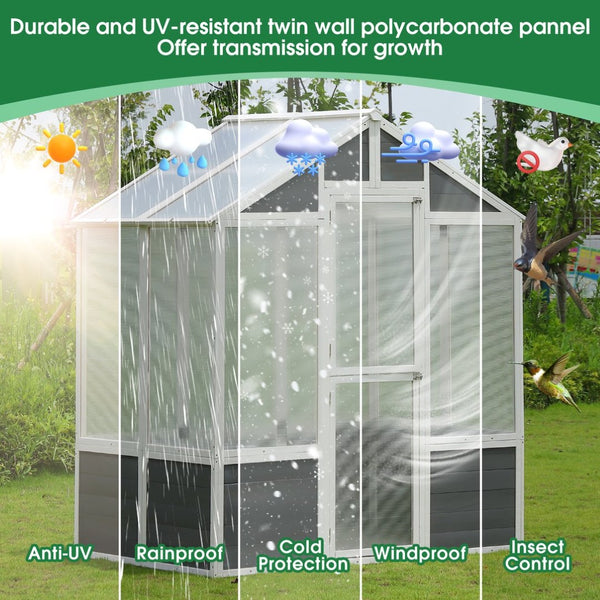 English Elm Greenhouse, Pine Frame Polycarbonate Walk-in Grow House with Shelves for Backyard Patio W1850S00003