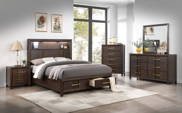 English Elm Kenzo Modern 5Pc Storage Bedroom Set With Led Headboard, Bluetooth Speakers & Usb Ports - Walnut Finish B009S02029