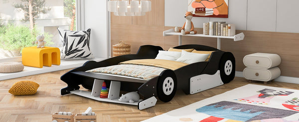 English Elm Full Size Race Car Platform Bed for Kids with Built-in Rails and Sporty Design Black LP002420AAB
