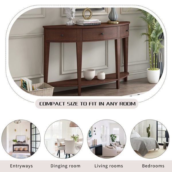 English Elm U-style Curved Console Table with 3 Drawers Open Shelf Entryway Hallway Storage WF312995AAD