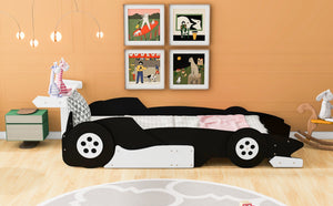 English Elm Twin Race Car Platform Bed for Kids Motorsport Bedroom with Built-in Safety Rails Black N708P404595B