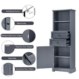 English Elm Bathroom Storage Cabinet, Tall Storage Cabinet With Two Drawers, Open Storage, Adjustable Shelf, Grey