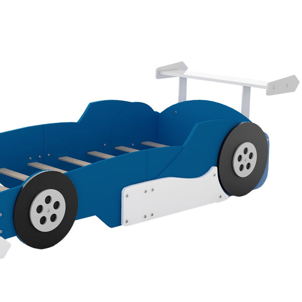 English Elm Twin Race Car Platform Bed for Kids Motorsport Bedroom with Built-in Safety Rails Blue N708P404595C