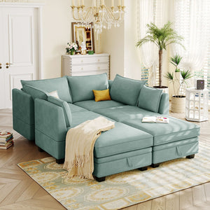 English Elm U_style Six Seat Modular U-shaped Sectional with Hidden Storage and Sleeper Function Light Green WY000363AAC