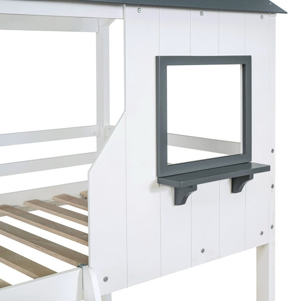English Elm Twin Over Pine Bunk Bed Playhouse Design with Roof Windows and Guardrails LT000045AAK-1
