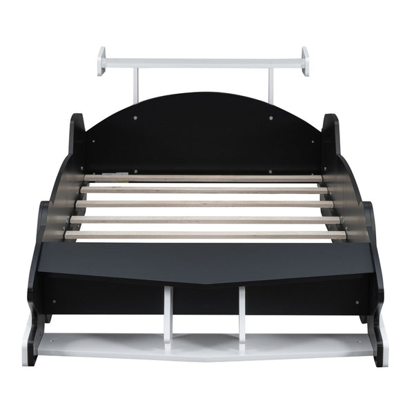 English Elm Twin Race Car Platform Bed for Kids Motorsport Bedroom with Built-in Safety Rails Black N708P404595B