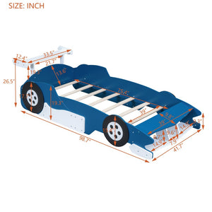 English Elm Twin Race Car Platform Bed for Kids Motorsport Bedroom with Built-in Safety Rails Blue N708P404595C