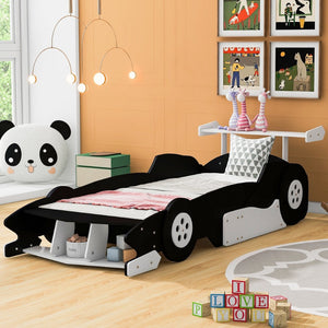 English Elm Twin Race Car Platform Bed for Kids Motorsport Bedroom with Built-in Safety Rails Black N708P404595B