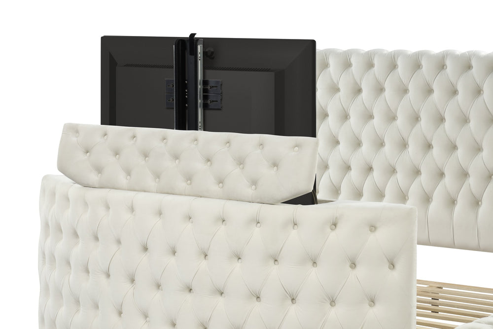 English Elm Modern Crystal Tufted Queen Bed With Plush Velvet Upholstery & Built-In Usb Charging, Cream Finish B009S01107