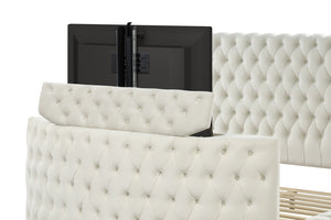 English Elm Modern Crystal Tufted Queen Bed With Plush Velvet Upholstery & Built-In Usb Charging, Cream Finish B009S01107