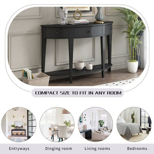 English Elm U-style Curved Console Table with 3 Drawers Open Shelf Entryway Hallway Storage WF312995AAB