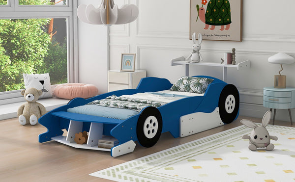 English Elm Twin Race Car Platform Bed for Kids Motorsport Bedroom with Built-in Safety Rails Blue N708P404595C