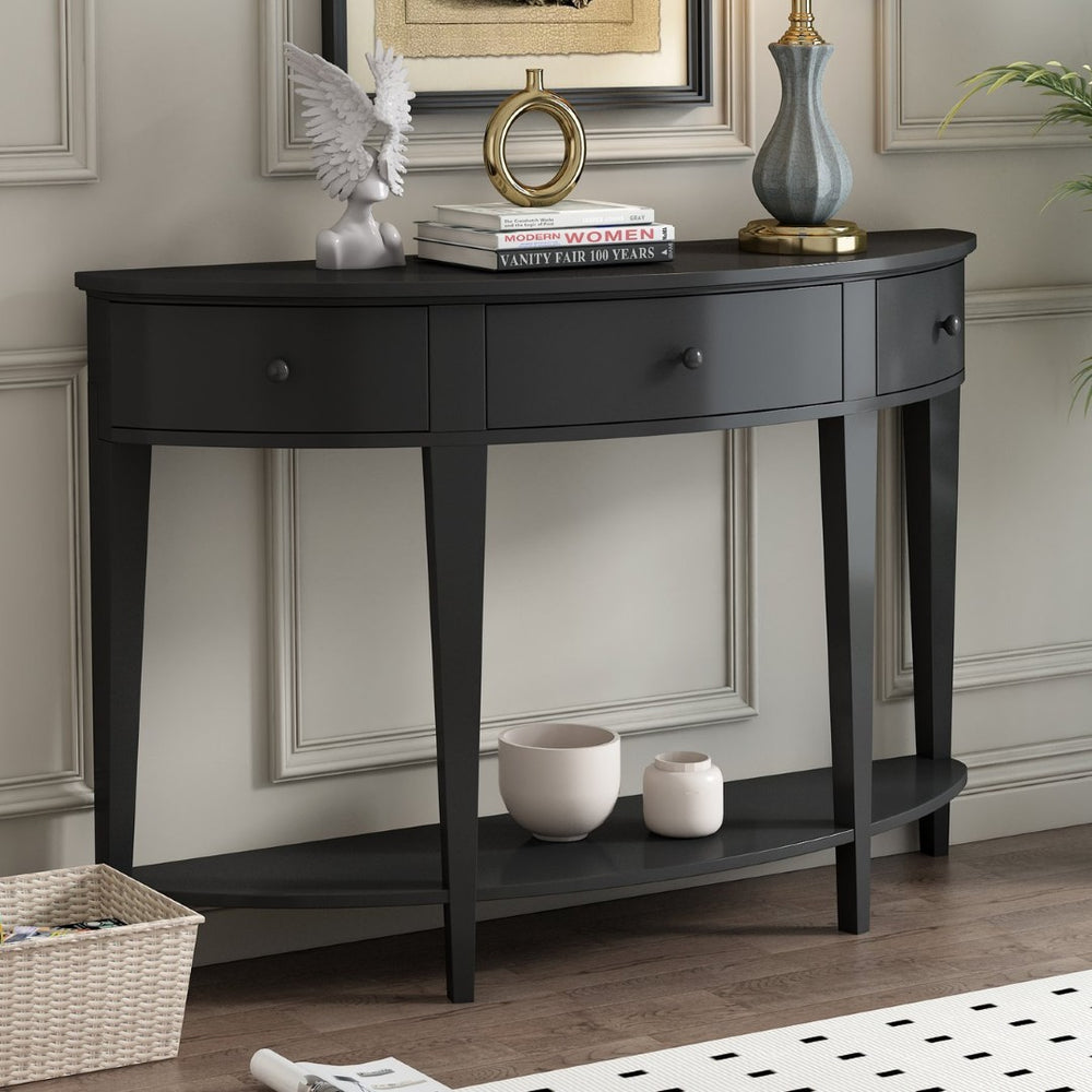 English Elm U-style Curved Console Table with 3 Drawers Open Shelf Entryway Hallway Storage WF312995AAB