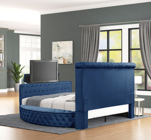 English Elm Modern Crystal Tufted Queen Bed In Elegant Blue Velvet With Storage, Usb Chargers & Tv Stand Feature B009S01117