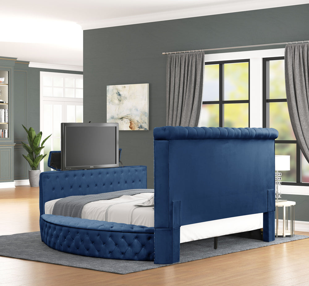 English Elm Modern Crystal Tufted King Bed With Built-In Usb Charging & Stylish Tv Stand Footboard In Blue B009S01114