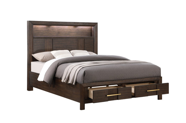 English Elm Kenzo Modern 5Pc Storage Bedroom Set With Led Headboard, Bluetooth Speakers & Usb Ports - Walnut Finish B009S02029