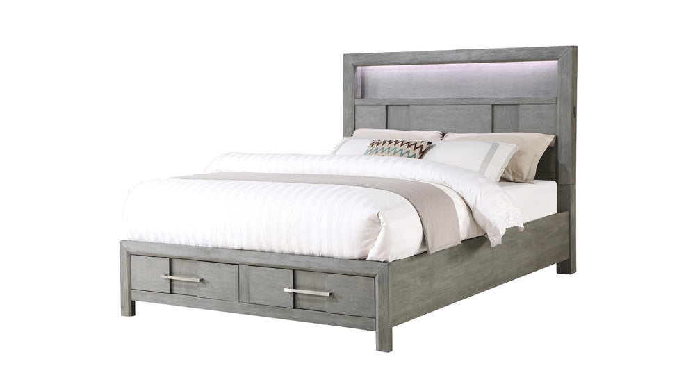 English Elm Kenzo Modern King Bed with LED Headboard, Bluetooth Speakers, USB Ports & Bookshelf in Gray — Luxurious Sleep Hub B009S01143