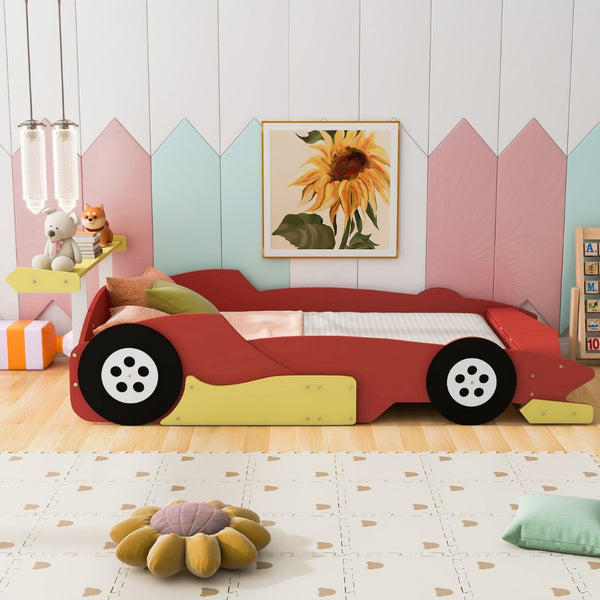English Elm Full Size Race Car Platform Bed for Kids with Built-in Rails and Sporty Design Red LP002420AAJ-1