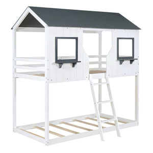 English Elm Twin Over Pine Bunk Bed Playhouse Design with Roof Windows and Guardrails LT000045AAK-1