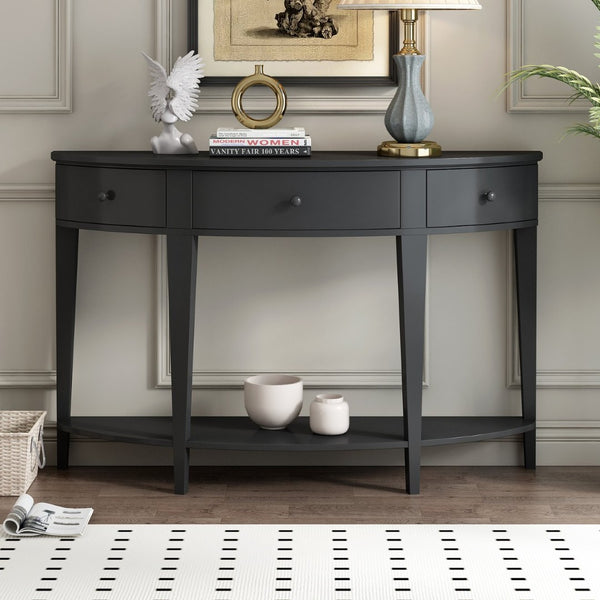 English Elm U-style Curved Console Table with 3 Drawers Open Shelf Entryway Hallway Storage WF312995AAB