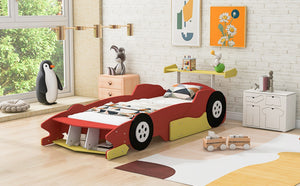 English Elm Twin Race Car Platform Bed for Kids Motorsport Bedroom with Built-in Safety Rails Red N708P404595J