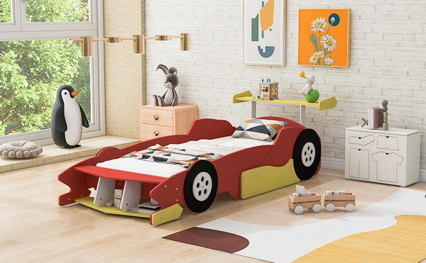 English Elm Twin Race Car Platform Bed for Kids Motorsport Bedroom with Built-in Safety Rails Red N708P404595J