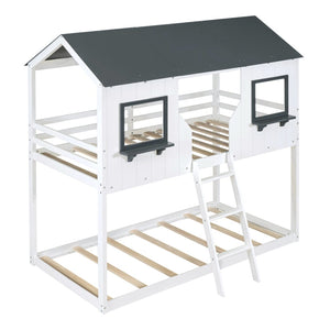 English Elm Twin Over Pine Bunk Bed Playhouse Design with Roof Windows and Guardrails LT000045AAK-1