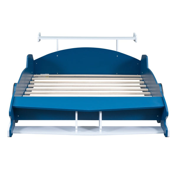 English Elm Full Size Race Car Platform Bed for Kids with Built-in Rails and Sporty Design Blue LP002420AAC-1