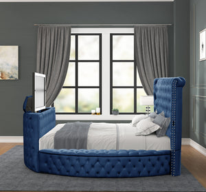 English Elm Modern Crystal Tufted Queen Bed In Elegant Blue Velvet With Storage, Usb Chargers & Tv Stand Feature B009S01117