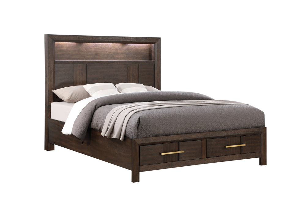 English Elm Kenzo Modern Queen Bed With Led Headboard, Bluetooth Speakers, Usb Ports & Bookshelf In Walnut Finish B009S01137