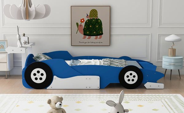 English Elm Twin Race Car Platform Bed for Kids Motorsport Bedroom with Built-in Safety Rails Blue N708P404595C