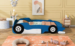 English Elm Full Size Race Car Platform Bed for Kids with Built-in Rails and Sporty Design Blue LP002420AAC